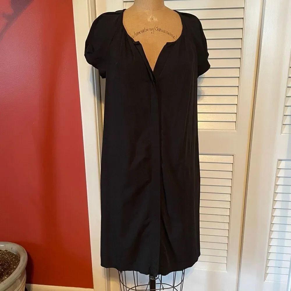 DVF | black minimalist button down cap sleeve dress 6
